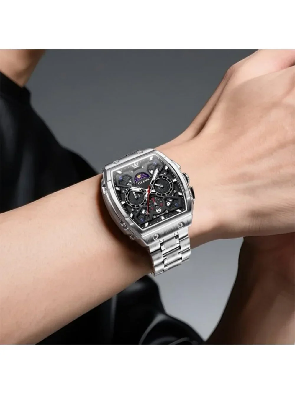 Men's Silver Black Chronograph Big Square Analog Stainless Steel Date Watch
